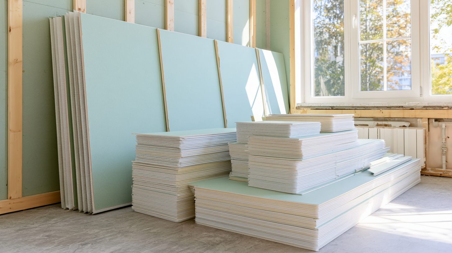 Stacked soundproofing drywall panels in a room under renovation